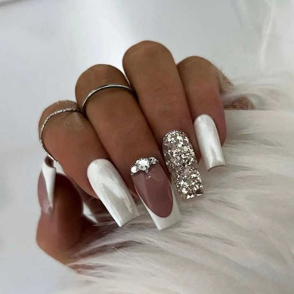 false nails 24pcs super glitter diamond decor fake nail patch french white coffin ballet glossy artificial nail tips diy manicure set j23041, Red;gold
false nails 24pcs super glitter diamond decor fake nail patch french white coffin ballet glossy artificial nail tips diy manicure set j23041, Red;gold