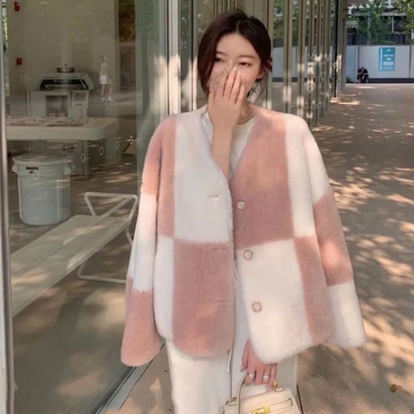 leather elegant imitation lamb plush lattice stitching color pink cardigan coat fashion vneck singlebreasted streetwear women clothing, Black
leather elegant imitation lamb plush lattice stitching color pink cardigan coat fashion vneck singlebreasted streetwear women clothing, Black