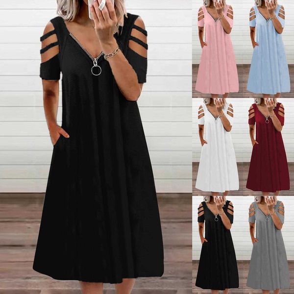 womens summer v neck zipper casual dresses solid color short sleeve dress, Black;gray
womens summer v neck zipper casual dresses solid color short sleeve dress, Black;gray