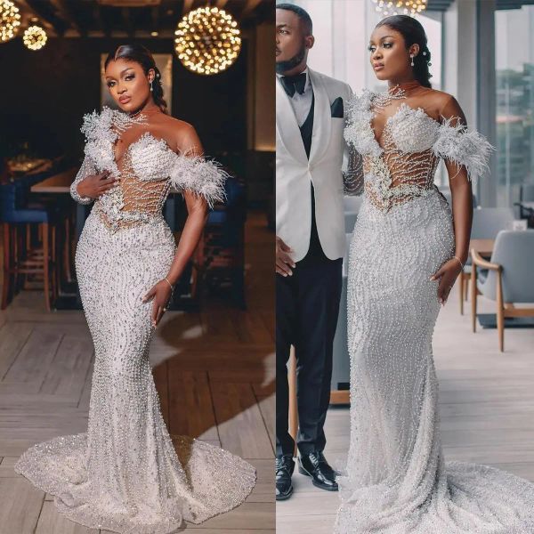gorgeous beads mermaid wedding dresses 2023 sheer neck long sleeve bride dress with feather bridal gowns vestido de noiva, White
gorgeous beads mermaid wedding dresses 2023 sheer neck long sleeve bride dress with feather bridal gowns vestido de noiva, White