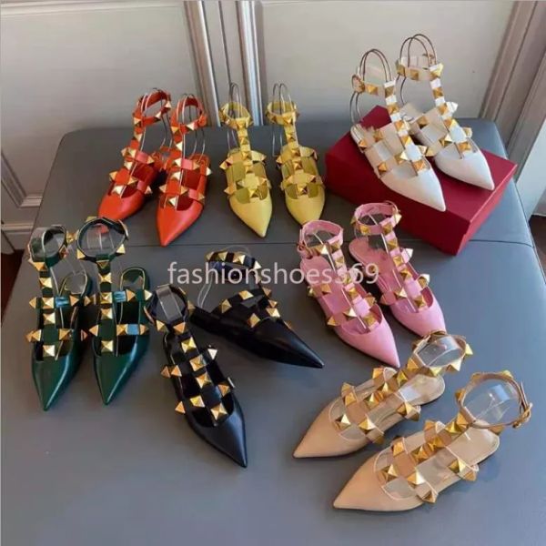 

Designer Women Sandals Studs Slippers High Heels Big Rivets Party Shoes Women Leather Spring Summer Ladies Sexy T-Strap Sandal With Box, Flat15