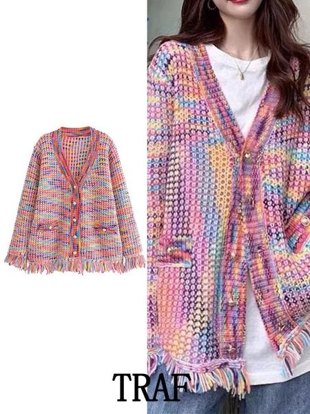 sweaters traf women 2022 rainbow color knitted sweater coat fashion tassel decoration cardigan vintage single button causal, White;black
sweaters traf women 2022 rainbow color knitted sweater coat fashion tassel decoration cardigan vintage single button causal, White;black