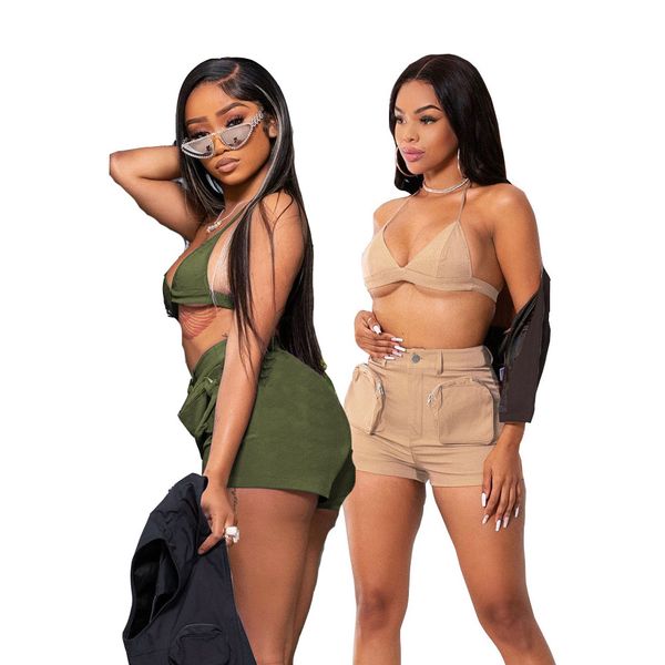 2023 designer solid color elastic tracksuits summer y2k new two piece sets womens outfits halter bra patch pockets workwear shorts wholesale, Gray
2023 designer solid color elastic tracksuits summer y2k new two piece sets womens outfits halter bra patch pockets workwear shorts wholesale, Gray