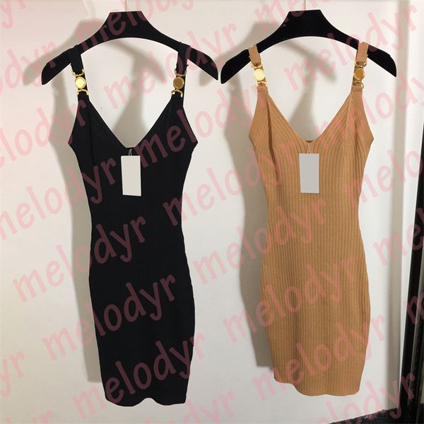 luxury knitted dresses womens sling skirts classic designer v neck slim party dress with gold buckle, Black
luxury knitted dresses womens sling skirts classic designer v neck slim party dress with gold buckle, Black