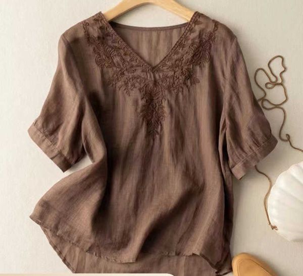 and linen cotton short sleeved t-shirt for women's summer wear new v-neck embroidery loose fitting slim and oversized clothing, White
and linen cotton short sleeved t-shirt for women's summer wear new v-neck embroidery loose fitting slim and oversized clothing, White