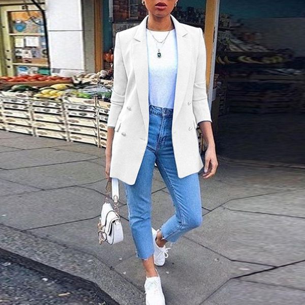 pants women solid color fashion lapel cardigan blazer jacket medium and long suit coat women's office overcoat, White
pants women solid color fashion lapel cardigan blazer jacket medium and long suit coat women's office overcoat, White