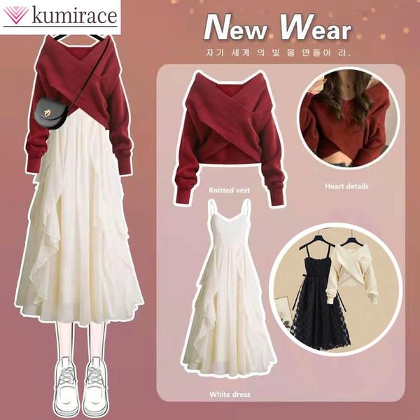 dress 2022 winter new style personalized knitted sweater pullover lace strap two piece elegant women's dress set party dresses, White
dress 2022 winter new style personalized knitted sweater pullover lace strap two piece elegant women's dress set party dresses, White