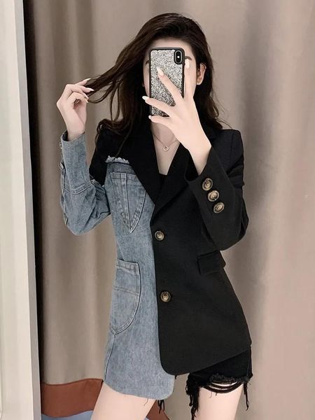 pants women causal denim patchwork blazer jacket, White