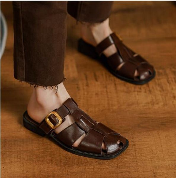 full grain leather weave plaid sandals cut out genuine leather buckle half slippers vintage slides shoes, Black
full grain leather weave plaid sandals cut out genuine leather buckle half slippers vintage slides shoes, Black