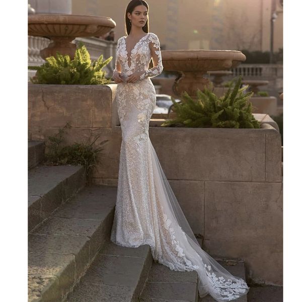 stunning full lace long sleeve wedding dresses mermaid deep v neck backless appliques long bridal gowns, White
stunning full lace long sleeve wedding dresses mermaid deep v neck backless appliques long bridal gowns, White