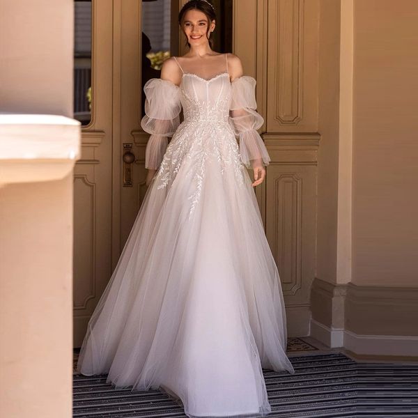 spaghetti strap tulle a line wedding dresses lace appliques summer bridal gown beach boho open bcak wedding dress, White 
spaghetti strap tulle a line wedding dresses lace appliques summer bridal gown beach boho open bcak wedding dress, White