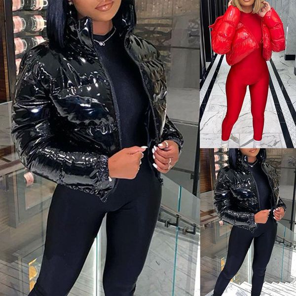 leather women's padded short coat solid standup collar cardigan winter down jacket patent leather glossy outerwear padded coat 21907, Black
leather women's padded short coat solid standup collar cardigan winter down jacket patent leather glossy outerwear padded coat 21907, Black