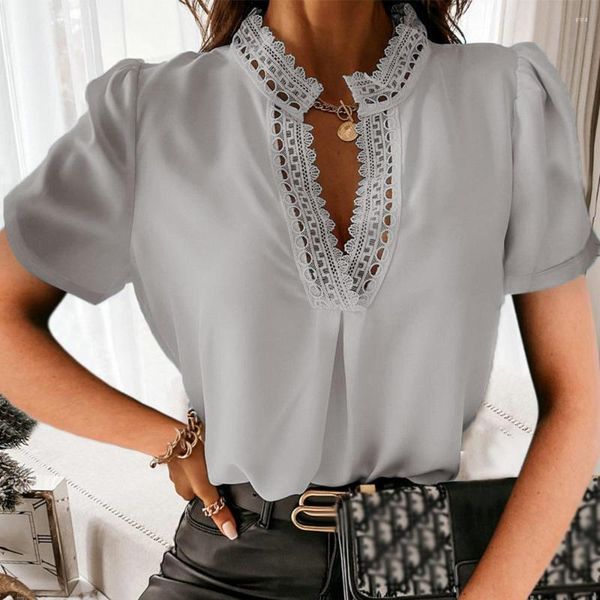 women's polos 2023 summerblouse with lace stitching and a half-open collar short sleeve blouse, White
women's polos 2023 summerblouse with lace stitching and a half-open collar short sleeve blouse, White