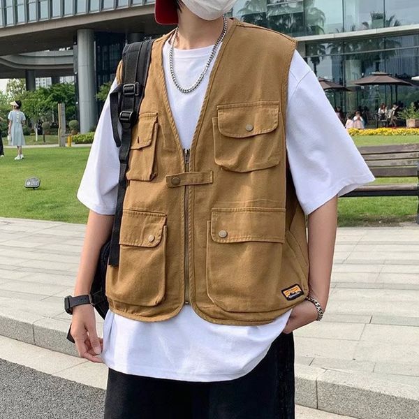 men's vests men cargo multi pockets 2023 spring summer fashion streetwear vintage waistcoat solid color male casual sleeveless jackets, Black;white
men's vests men cargo multi pockets 2023 spring summer fashion streetwear vintage waistcoat solid color male casual sleeveless jackets, Black;white