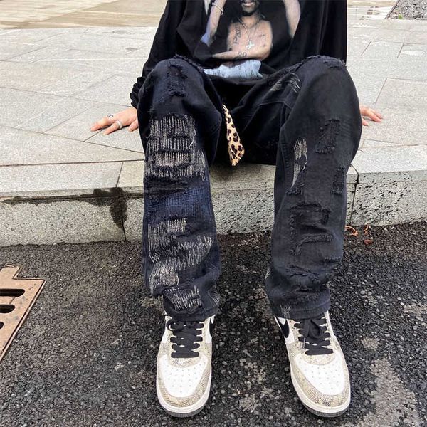 men's jeans embroidered patch hole straight jeans men and women stitching jogging pants trend loose wide leg hip hop trousers ins j2304, Blue
men's jeans embroidered patch hole straight jeans men and women stitching jogging pants trend loose wide leg hip hop trousers ins j2304, Blue