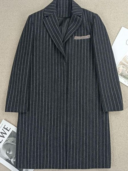 fur 2022 autumn winter new vertical stripe pocket bead chain decoration wool dark button women woolen trench wool blend coat, Black
fur 2022 autumn winter new vertical stripe pocket bead chain decoration wool dark button women woolen trench wool blend coat, Black