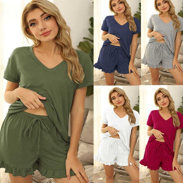 2023 explosive models in europe and the united states spring and summer home two-piece ladies solid color casual drawstring shorts short-sle, White;black
2023 explosive models in europe and the united states spring and summer home two-piece ladies solid color casual drawstring shorts short-sle, White;black