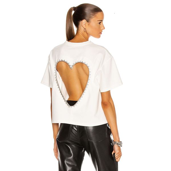 women's t-shirt summer round neck pure cotton diamond-studded short-sleeved t-shirt women's fashion love hollowed-out leak back 23, White
women's t-shirt summer round neck pure cotton diamond-studded short-sleeved t-shirt women's fashion love hollowed-out leak back 23, White