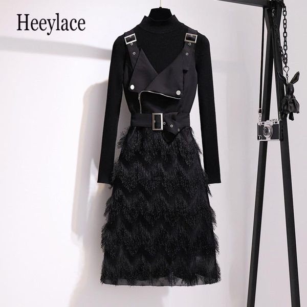 dress autumn winter skirt suits women stand collar knitted black sweater + sling dress patchwork tassel fashion 2 piece set, White
dress autumn winter skirt suits women stand collar knitted black sweater + sling dress patchwork tassel fashion 2 piece set, White