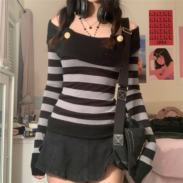 women's t-shirt harajuku retro striped print grunge tshirts slash neck buttons autumn vintage tees aesthetic chic cute slim fit outfit, White
women's t-shirt harajuku retro striped print grunge tshirts slash neck buttons autumn vintage tees aesthetic chic cute slim fit outfit, White
