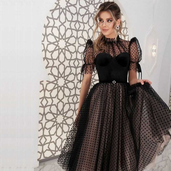 graceful black polka dots prom dresses tea length short sleeve casual skirt o neck a line short evening party gowns
graceful black polka dots prom dresses tea length short sleeve casual skirt o neck a line short evening party gowns