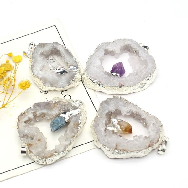 agate irregular geode slice pendant amethyst citrine clear quartz natural stone diy jewelry making necklace accessory gift 42x49mm, Bronze;silver
agate irregular geode slice pendant amethyst citrine clear quartz natural stone diy jewelry making necklace accessory gift 42x49mm, Bronze;silver