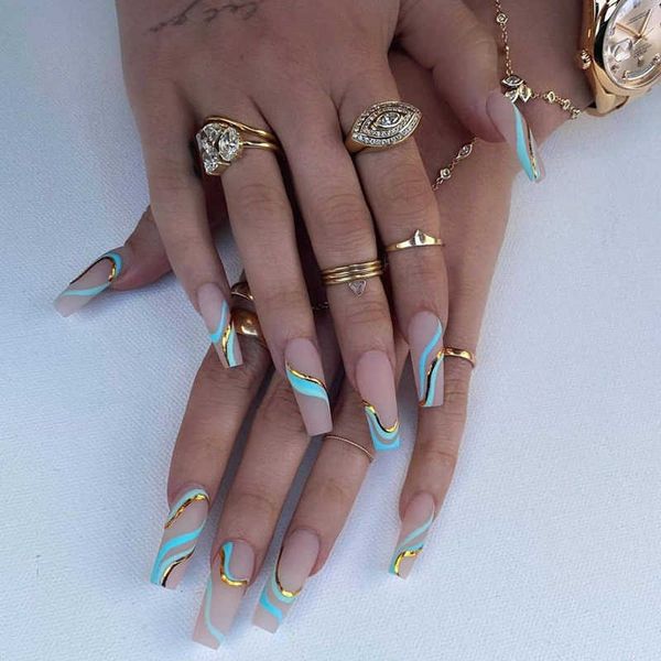 false nails 24pcs gold thread blue wave pattern long ballet press on nail art frosted fake nails matte contrast color wearing false nails j2, Red;gold
false nails 24pcs gold thread blue wave pattern long ballet press on nail art frosted fake nails matte contrast color wearing false nails j2, Red;gold