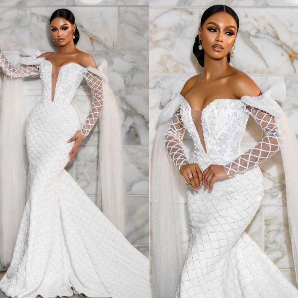 gorgeous pearls mermaid wedding dresses with detachable train off the shoulder lace bridal gown boho vestidos de novia, White
gorgeous pearls mermaid wedding dresses with detachable train off the shoulder lace bridal gown boho vestidos de novia, White