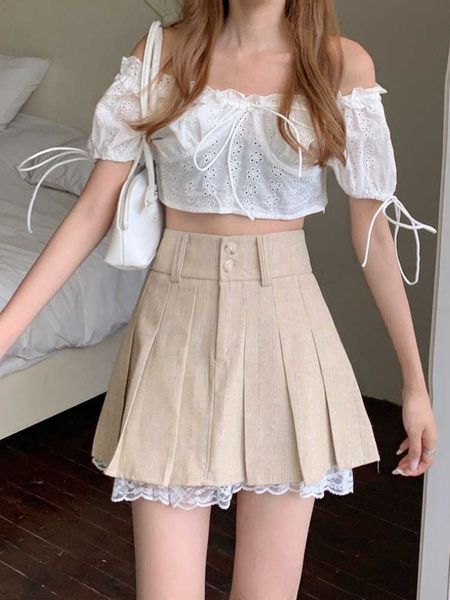 s houzhou korean striped pleated women lace patchwork cute casual button up high waist aline mini skirt preppy style summer aa230420, Black
s houzhou korean striped pleated women lace patchwork cute casual button up high waist aline mini skirt preppy style summer aa230420, Black