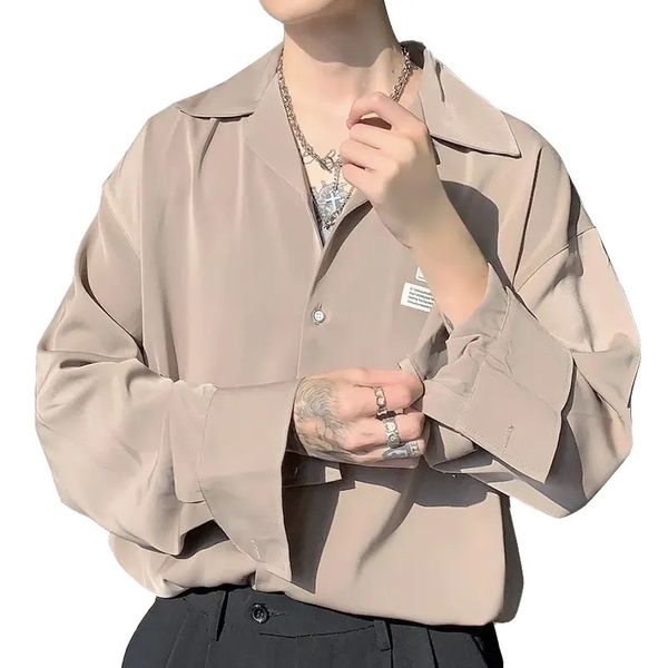 men's casual shirt satin long sleeve polyester lapel casual private badge silk trendy men's shirt, White;black
men's casual shirt satin long sleeve polyester lapel casual private badge silk trendy men's shirt, White;black
