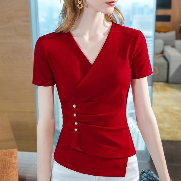 t-shirt cotton short sleeve tshirt women summer 2022 new cross vneck solid color chic beaded pleated waist top, White
t-shirt cotton short sleeve tshirt women summer 2022 new cross vneck solid color chic beaded pleated waist top, White