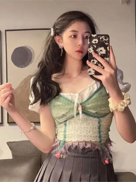 t-shirt korean sweet lace camisole +blouse drawstring design niche slim puff sleeve short shirt twopiece suits new summer, White
t-shirt korean sweet lace camisole +blouse drawstring design niche slim puff sleeve short shirt twopiece suits new summer, White