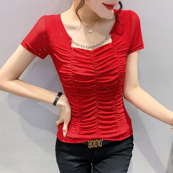 t-shirt new 2022 summer short sleeved women's tshirt fashion casual solid color square collar drilling mesh plus size blusas, White
t-shirt new 2022 summer short sleeved women's tshirt fashion casual solid color square collar drilling mesh plus size blusas, White