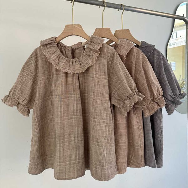 and south japan korea simple doll neck 2023 summer new east gate women's checkered stripe cotton hemp t-shirt, White
and south japan korea simple doll neck 2023 summer new east gate women's checkered stripe cotton hemp t-shirt, White