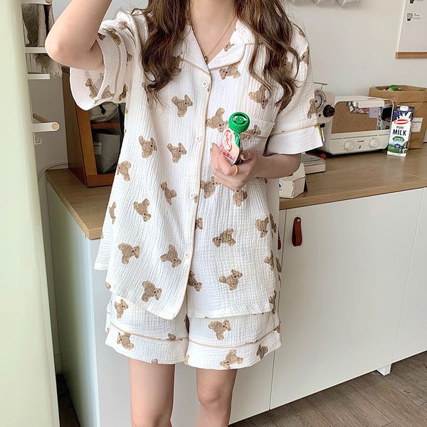 women's sleepwear cartoon bear summer pajamas set women kawaii funny home suit soft single breasted kawaii shirts shorts set two piece, Black;red
women's sleepwear cartoon bear summer pajamas set women kawaii funny home suit soft single breasted kawaii shirts shorts set two piece, Black;red