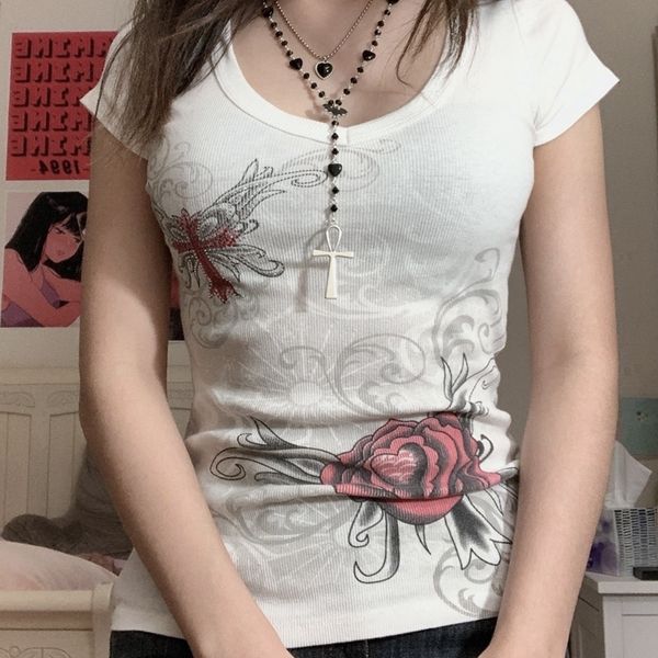 women's t-shirt y2k aesthetic fairy grunge retro diamonds floral graphic print t-shirt vintage v neck rib knit pullovers tees women clo, White
women's t-shirt y2k aesthetic fairy grunge retro diamonds floral graphic print t-shirt vintage v neck rib knit pullovers tees women clo, White
