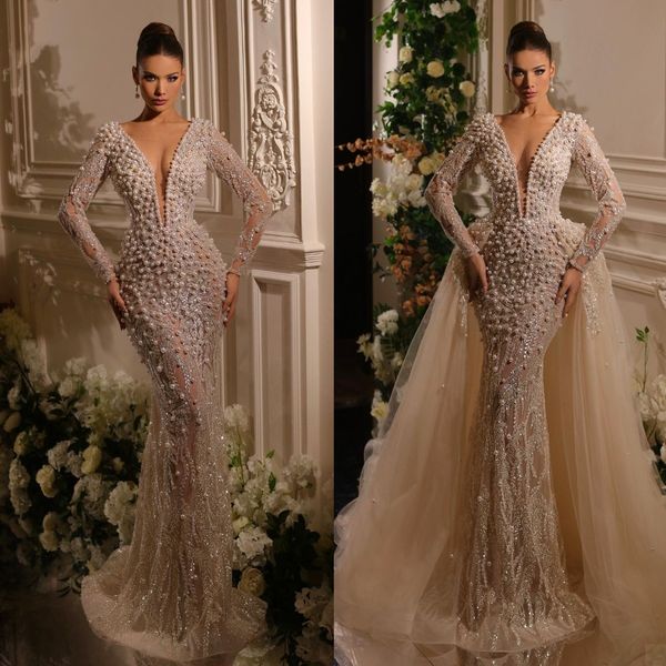 deep v neck mermaid wedding dress full sleeve pearls arabic beading sequined trumpet bridal gowns robe de soiree, White
deep v neck mermaid wedding dress full sleeve pearls arabic beading sequined trumpet bridal gowns robe de soiree, White