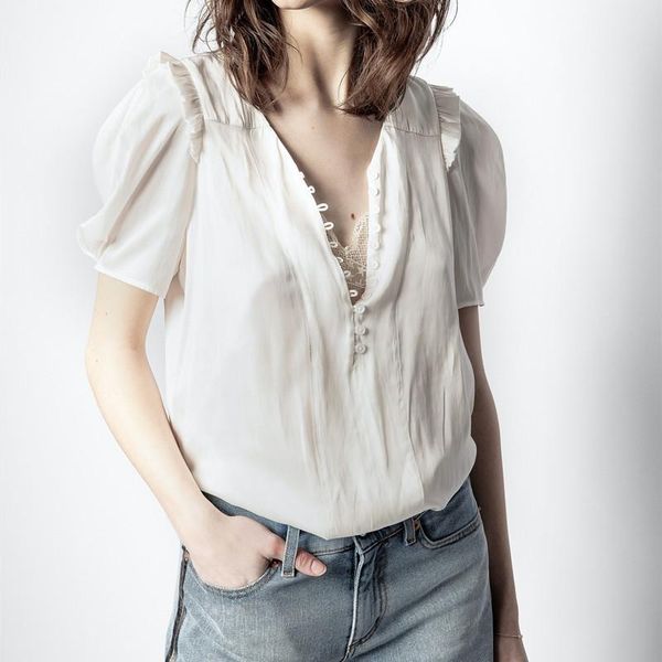 polos women solid color vneck shirt fungus trim short sleeve simple chemise blouse with buttons spring summer 2022, White
polos women solid color vneck shirt fungus trim short sleeve simple chemise blouse with buttons spring summer 2022, White