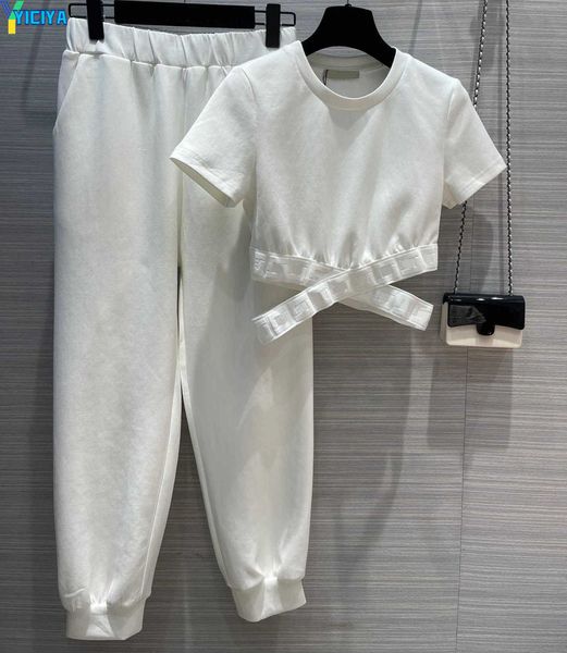 yiciya women's tracksuits designer super short t-shirt cross webbing with corset jogging pants fashion sports suit womens two-piece set, Gray