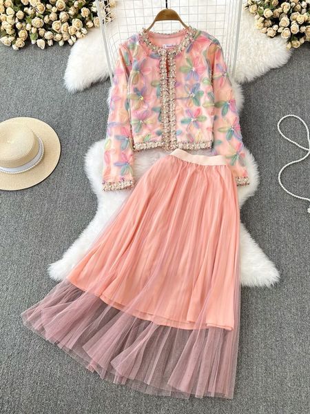 two piece dress autumn luxury 3d floral embroidery diamonds beading short jacket coat tulle mesh long skirt women sweet pink two piece set 2, White
two piece dress autumn luxury 3d floral embroidery diamonds beading short jacket coat tulle mesh long skirt women sweet pink two piece set 2, White