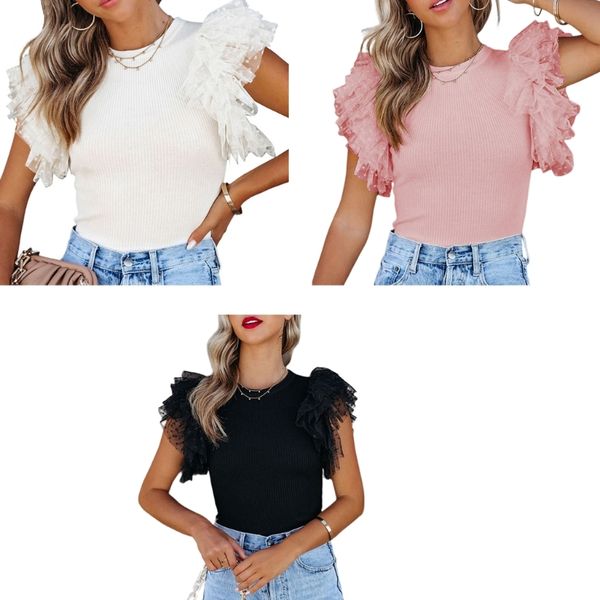 womens t-shirt polka dot mesh ruffle short sleeve t-shirts crewneck ribbed knit solid color casual slim-fit pullover blouses, White
womens t-shirt polka dot mesh ruffle short sleeve t-shirts crewneck ribbed knit solid color casual slim-fit pullover blouses, White