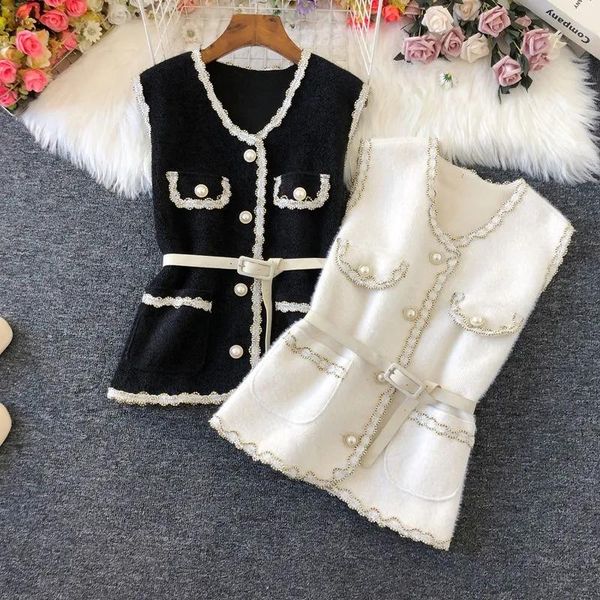 vests vintage design sweater vest with belt women korean fashion button pearl knitted waistcoat mink fleece casual sleeveless jacket, Black;white
vests vintage design sweater vest with belt women korean fashion button pearl knitted waistcoat mink fleece casual sleeveless jacket, Black;white