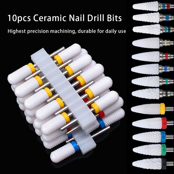 Image of Nail Art Equipment 10pcs Ceramic Nail Drill Bits Set Milling Cutter for Electric Manicure Bit Flame Corn Files Pedicure Machine Polish Accesoires 230421