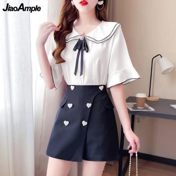 dress korean women sweet bow two pieces shorts set summer 2021 student casual peter pan collar chiffon shirt+heart short pants suit, White
dress korean women sweet bow two pieces shorts set summer 2021 student casual peter pan collar chiffon shirt+heart short pants suit, White