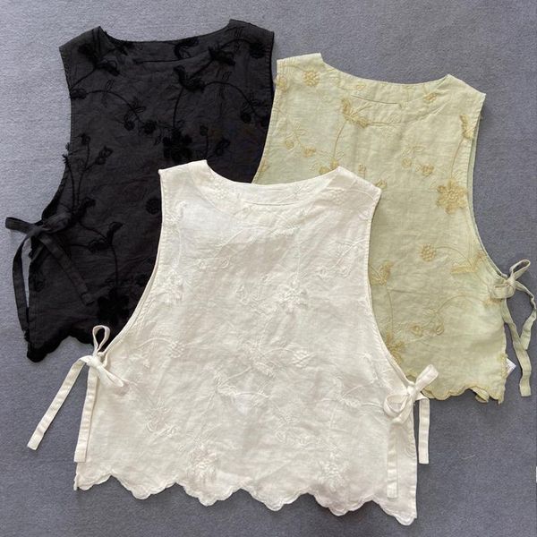 vests johnature 2022 autumn vintage embroidery linen sleeveless women vests new japanese all match loose tie oneck solid color vests, Black;white 
vests johnature 2022 autumn vintage embroidery linen sleeveless women vests new japanese all match loose tie oneck solid color vests, Black;white