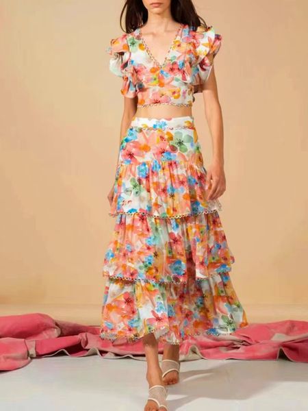 new two piece dress printed v-neck fungus edge sleeve with ruffle edge cake layer half skirt beach holiday style set for women, White
new two piece dress printed v-neck fungus edge sleeve with ruffle edge cake layer half skirt beach holiday style set for women, White