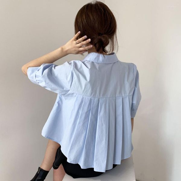 Women's Blouses 2023 Summer Korea Fashion Pleated Design Short Shirt Sleeve Top, Blue