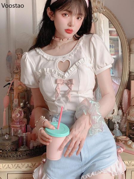 t-shirt sweet lolita style tshirts summer women kawaii hollow out heart ruffles oneck fake two pieces crop girls cute bow tees, White
t-shirt sweet lolita style tshirts summer women kawaii hollow out heart ruffles oneck fake two pieces crop girls cute bow tees, White