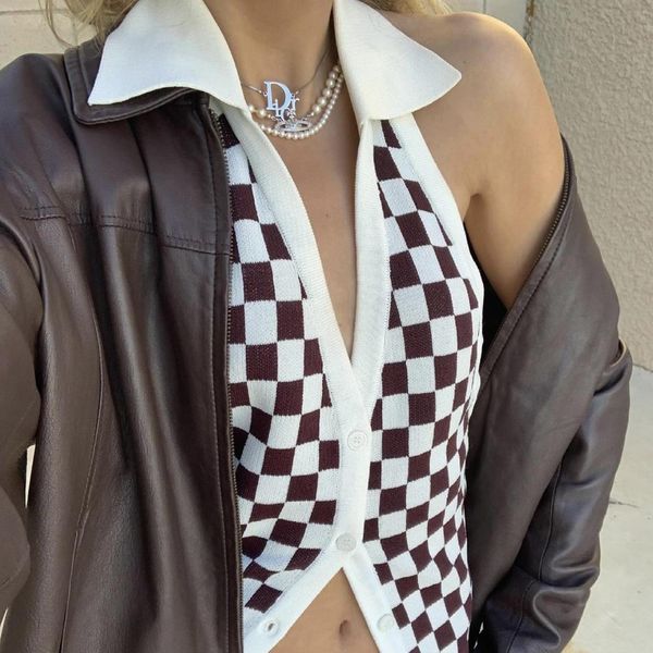 tanks fashion crop women 2021 summer vintage clothes for women halter plaid tank button up brown knit, Black;white
tanks fashion crop women 2021 summer vintage clothes for women halter plaid tank button up brown knit, Black;white