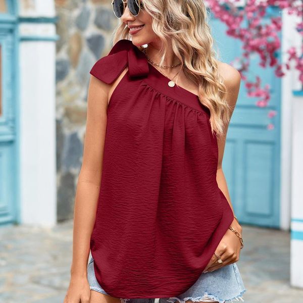 women's blouses sleeveless lace up bow women shirt 2023 summer one shoulder blouse solid skew collar loose casual shirts blusas 26132, White
women's blouses sleeveless lace up bow women shirt 2023 summer one shoulder blouse solid skew collar loose casual shirts blusas 26132, White